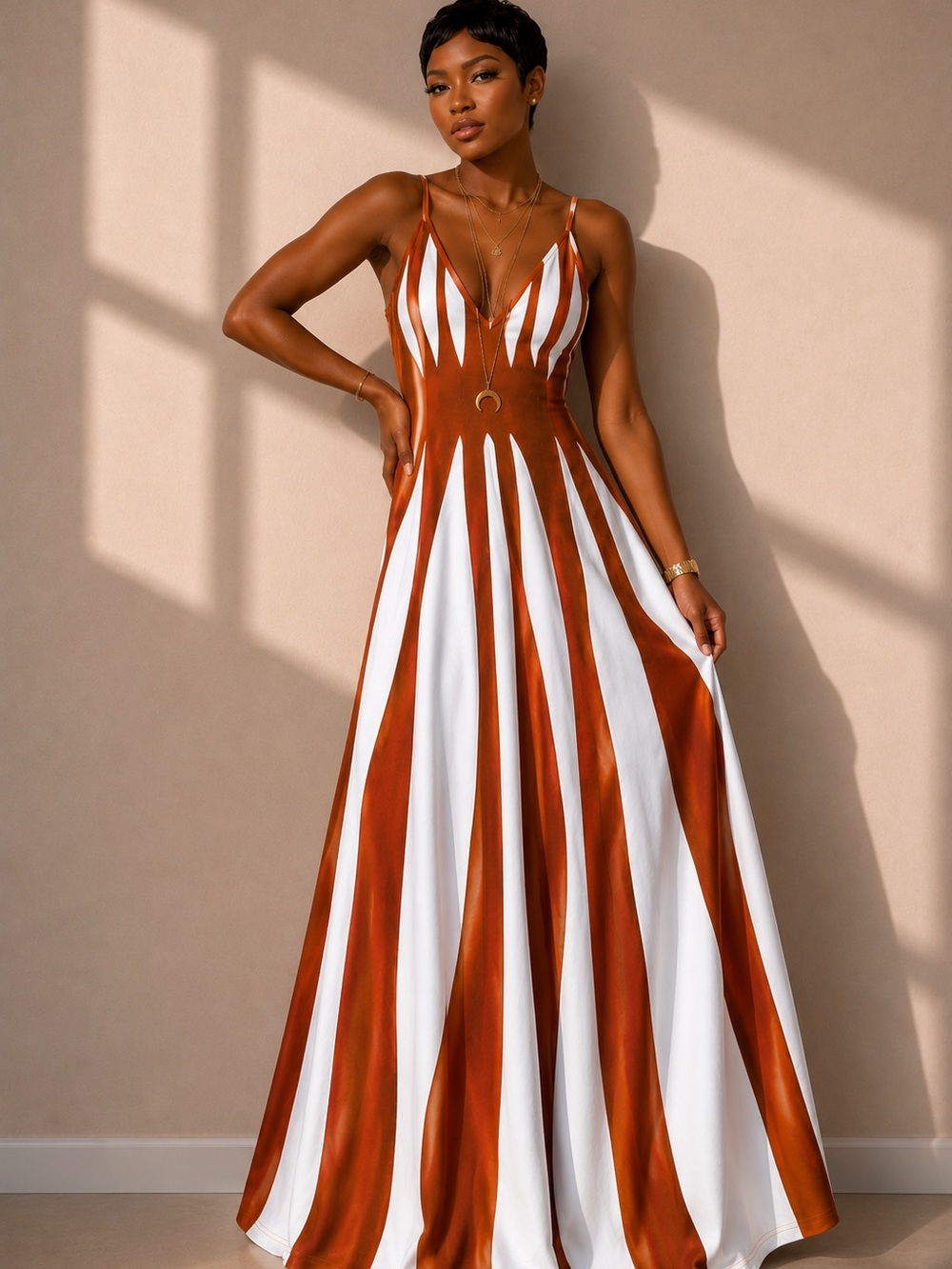 Elegant Striped V-Neck Maxi Dress - Rust & White